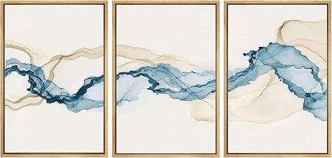 SIGNWIN Framed Canvas Print Wall Art Set Blue Tan Smoke Wave Landscape Abstract Shapes Illustrations Modern Art Decorative Contemporary Colorful for Living Room, Bedroom, Office - 16"x24"x3 Natural