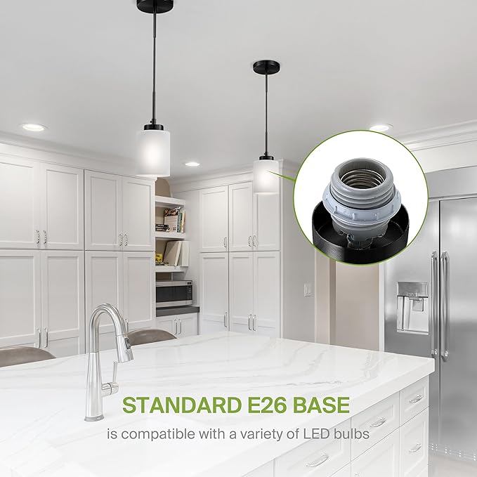 ASD Single Mini-Pendant Ceiling Light Fixture | 60W E26 Socket 120V | Dimmable, LED/CFL/Incandescent Bulbs Compatible, ETL Listed | Hanging Kitchen Island Lighting, Frosted Drop Lamp | Black
