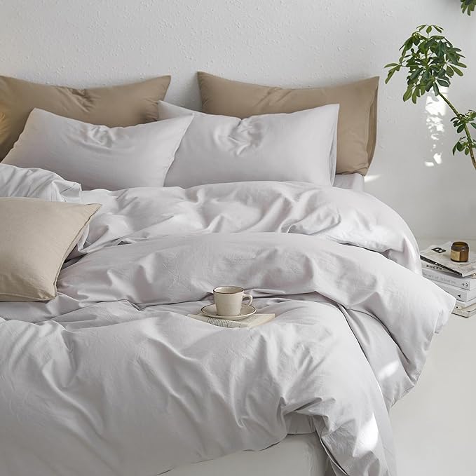 MooMee Twin Duvet Cover Set, 100% Washed Cotton Linen Like Twill Thick Sturdy Material Super Soft Breathable Durable Bedding for All Season, 2 Pieces (Light Gray, Twin 68"x90")