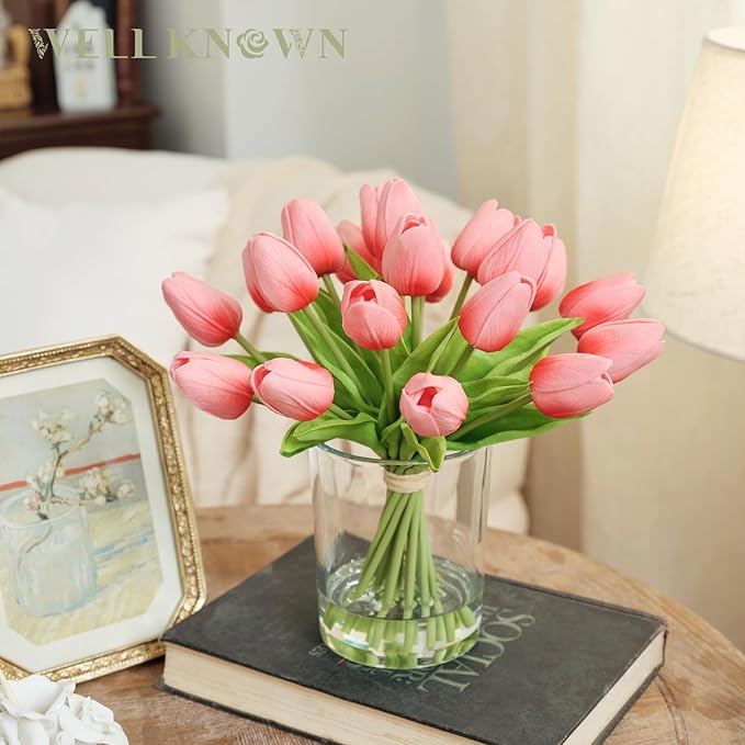 WELL KNOWN 20 Pcs Tulips Artificial Flowers in Vase, Real Touch Tulips with Vase with Upgrate Acrylic Water Flower Arrangements Centerpiece for Dining Room Table Decoration