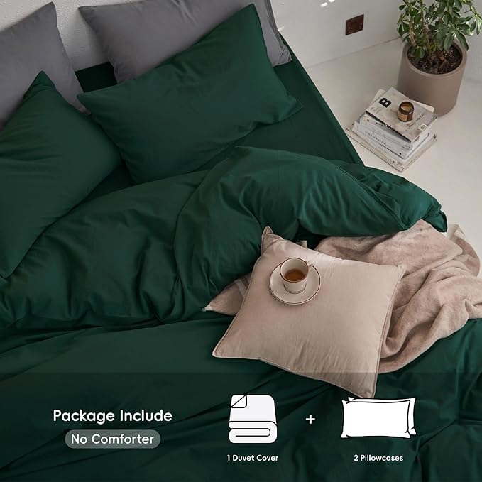 MooMee Queen Duvet Cover Set, 100% Washed Cotton Linen Like Twill Thick Sturdy Material Super Soft Breathable Durable Bedding for All Season, 3 Pieces (Forest Green, Queen 90"x90")