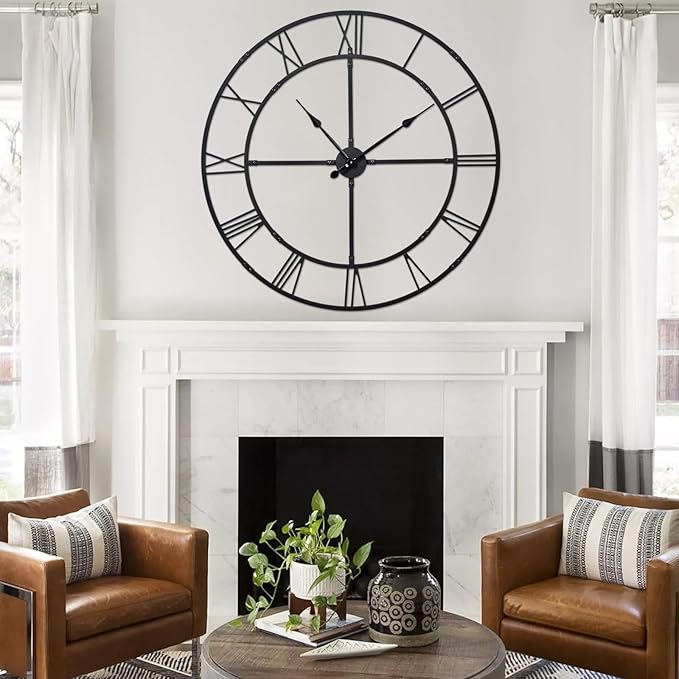 Large Wall Clock for Living Room Decor – 40 Inch Silent Non-Ticking Modern Farmhouse Wall Clock, Oversized Decorative Metal Roman Numeral Clock, Black