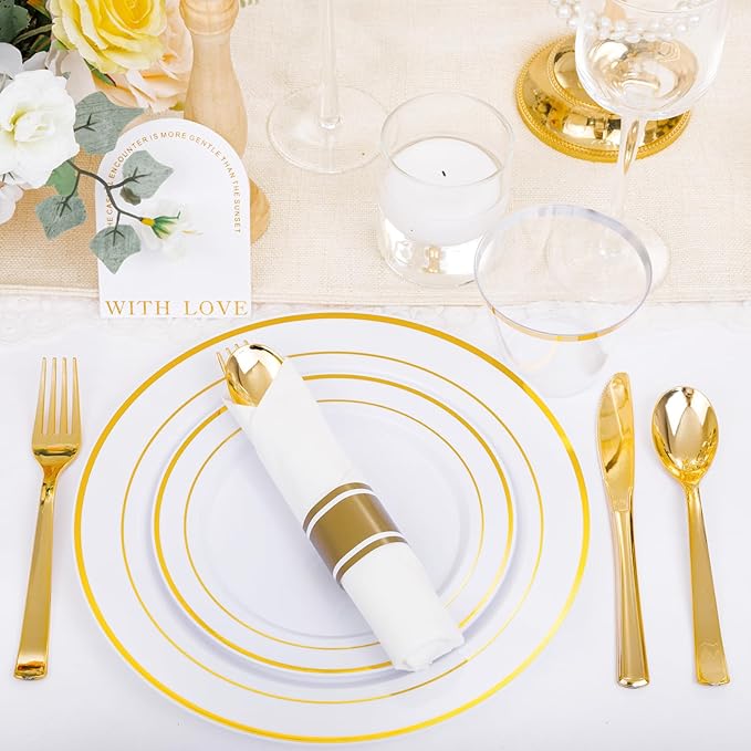 DaYammi 210PCS Gold Plastic Dinnerware Set for 30 Guests, Fancy Disposable Plates for Party, Include: 30 Dinner Plates, 30 Dessert Plates, 30 Pre Rolled Napkins with Gold Silverware, 30 Cups