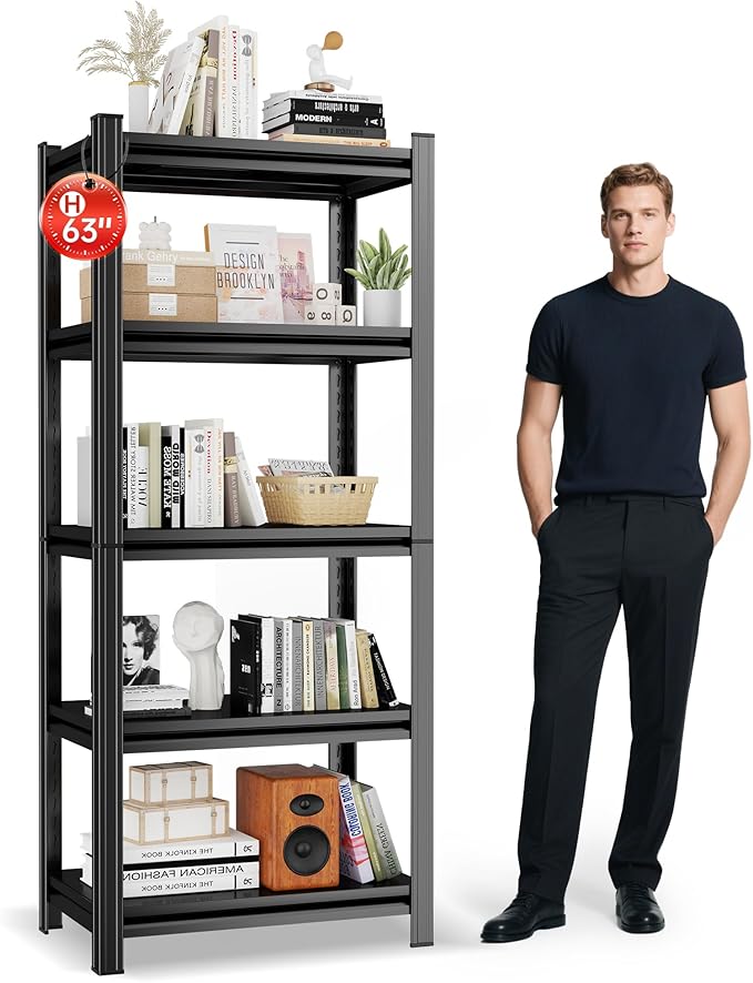 5 Tier Metal Bookshelf Heavy Duty Shelving Unit Steel Utility Racks, Black Bookshelf Industrial Corner Storage Shelf for Office,Kitchen,Bedroom and Living Room, Adjustable Shelves for Garage