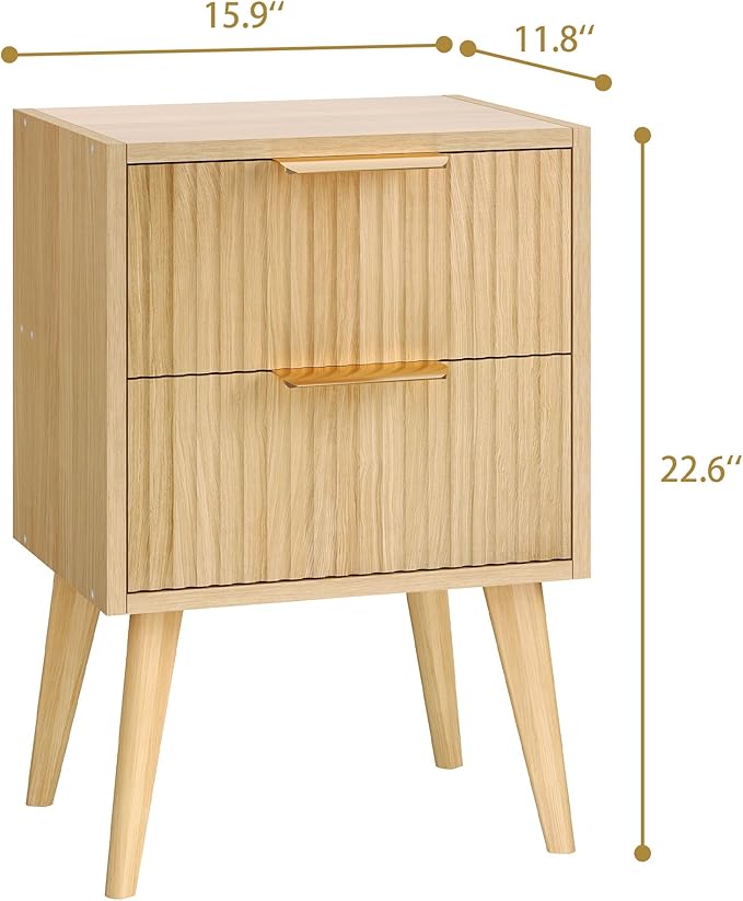 Fluted Nightstand with 2 Drawers,Modern Bedside Table with Metal Handles,White Side Table with Solid Wood Legs,Mid Century End Table for Living Room,Bedroom,Natural CTG55Y