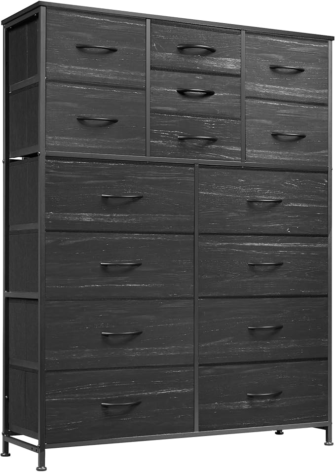 WLIVE Tall Console Table with 15 Fabric Drawers, Entryway Table with Storage, Tall Storage Organizer with Wood Top, Steel Frame for Living Room, Hallway, Office, Charcoal Black Wood Grain Print