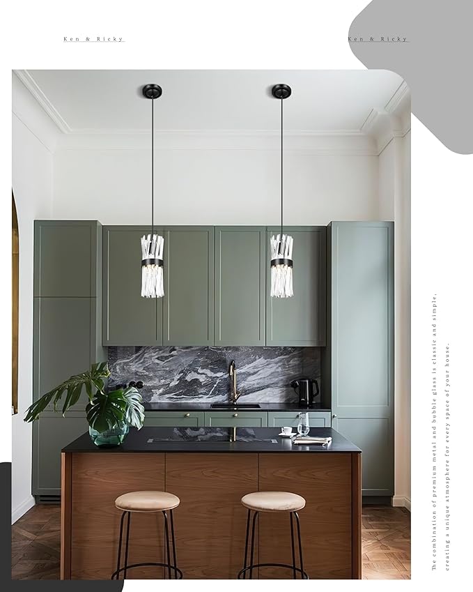 Ken & Ricky Crystal Pendant Light, Modern Black Pendant Light, Adjustable Island Lights for Kitchen Hallway Bathroom Bedroom, Two Style Options, KR3356-1PK