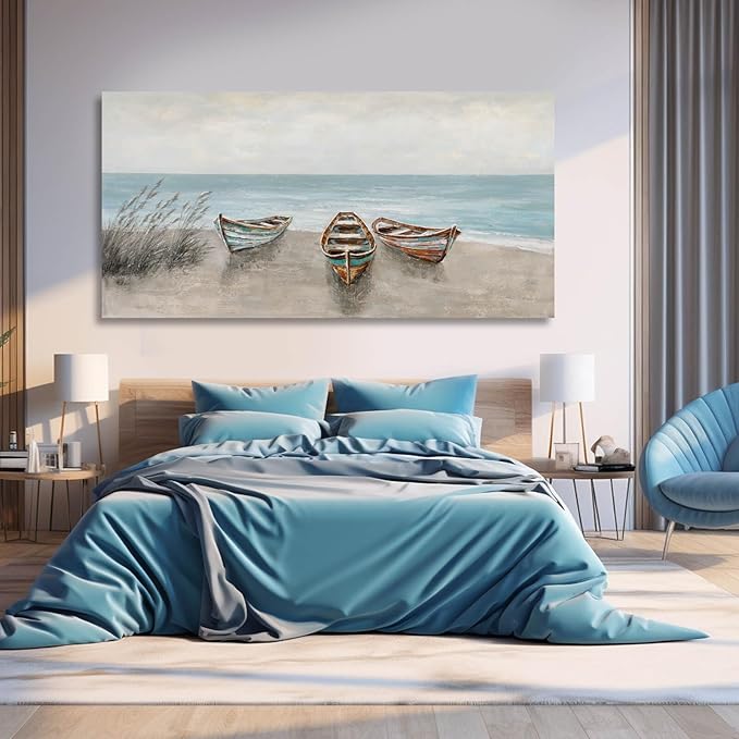 WINKAILIN Large Landscape Wall Art Blue Ocean Pictures Wall Decor Wooden Boat Painting Artwork for Walls Living room Office Home Decoration 29x58 Inch