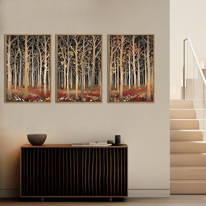 Large Modern Autumn Birch Trees Framed Canvas Wall Art,Boho Aspen Trees Wall Decor,Mid Century Fall Forest Artwork,Natural Midnight Wilderness Art Print for Living Room,Bedroom,Office-24"x36"x3