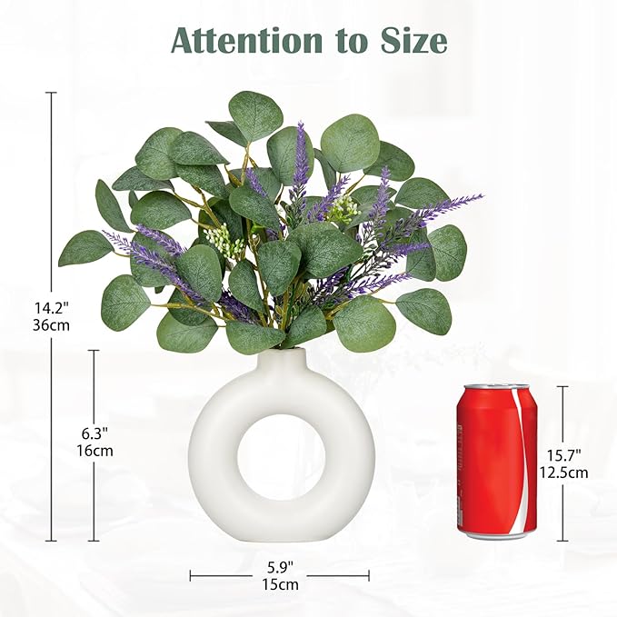 Artificial Eucalyptus Stems in Ceramic Vase 14.23" Fake Eucalyptus Plant Decor White Donut Vase with Greenery Centerpiece Table Decorations Small Faux Green Plant for Home Farmhouse Wedding Table