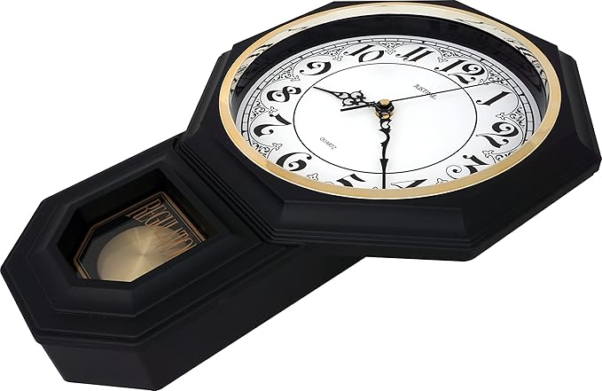 JUSTIME Traditional Schoolhouse Classic Vintage Arabic Regulator Wall Clock, Chiming Wall Clocks with Pendulum & Westminster Chime Hourly, Schoolhouse Wall Decor Battery Operated (Matte Black)