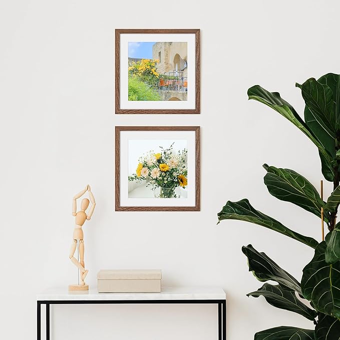 10x10 Picture Frame Set of 2, Solid Oak Wood Frame 10 x 10, 10 by 10 Wood Frames for Wall, 10x10 Picture Frame with Mat for 8x8, Square 10"x10" Photo Frames Real Glass, Walnut Color, 2 Pack