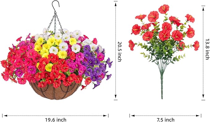 Artificial Fake Hanging Flowers Baskets for Outdoors, Faux Plants Silk Morning Glory in Planter Look Real UV Resistant Outdoor Flower for Outside Porch Patio Balcony Garden Yard Home Decor