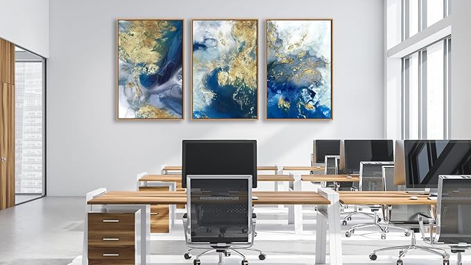 Large Abstract Framed Wall Art - Natural Float Framed Colorful Canvas Pictures Decor Blue Gold White Background Modern Artwork for Bedroom Living Room Kitchen Home Office Decoration 60" X 28" Set of 3
