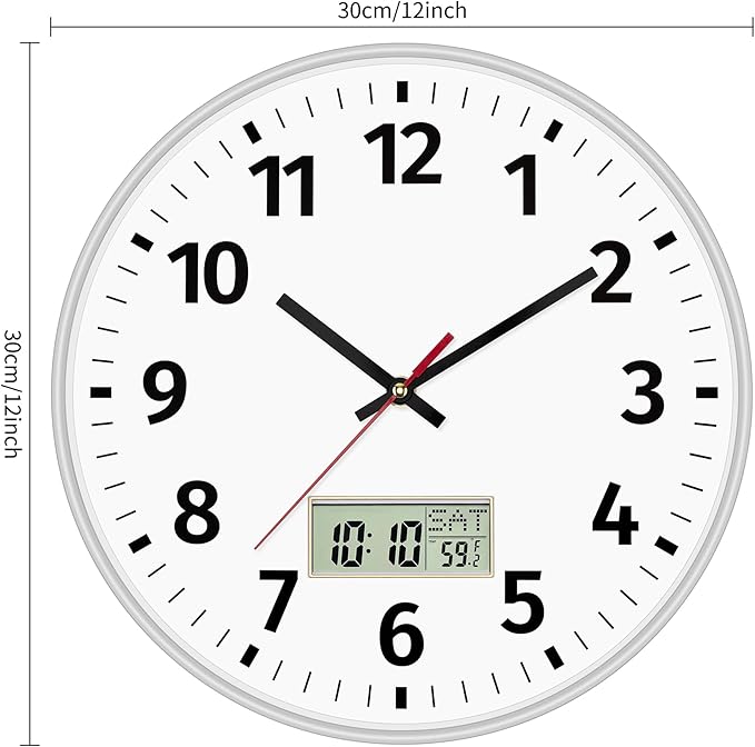 Foxtop Digital Wall Clock with Time, Day of Week and Temperature, Silent Non-Ticking Battery Operated Round Digital and Analog Wall Clock for Classroom Office Bedroom Home School (12 Inch, Silver)