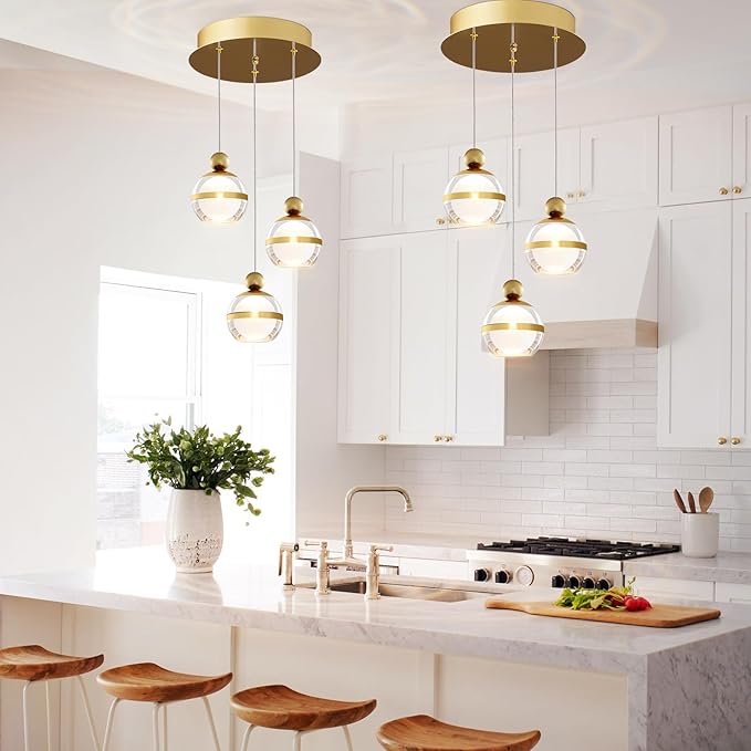 Modern Pendant Lights Gold Globe Cluster Hanging Pendant Light Fixtures Acrylic LED Pendant Lighting Kitchen Island for Dining Room Living Room Bedroom 3 Light