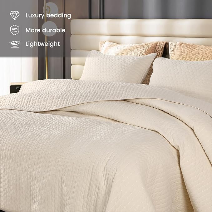 Reversible Velvet Quilt Queen Size, Luxurious Quilted Bedspread Bedding Set, Lightweight Coverlet with Brushed Back, Ultra Soft Cozy Warm for All Season, Cross Stitch Striped, Cream