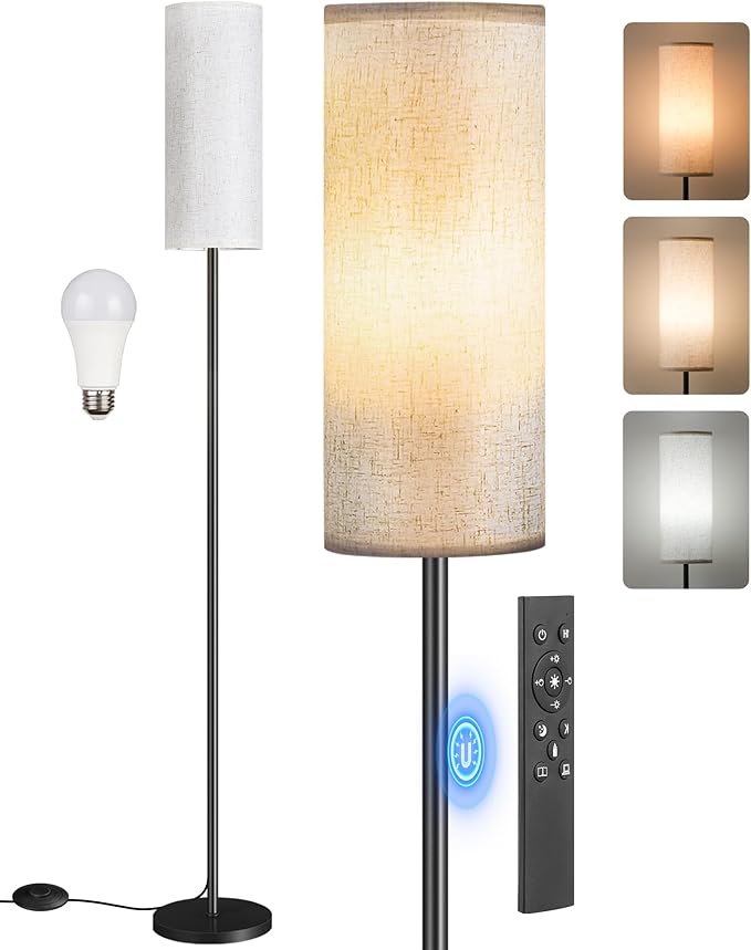 Dimmable Floor Lamp for Living Room with Remote and Foot Switch, Corner Floor Lamp, 66" Standing Tall Lamp, 10W 900LM LED Bulb Included, 3000K-6500K, Linen Shade, Weighted, FCC Listed W06LD05W1