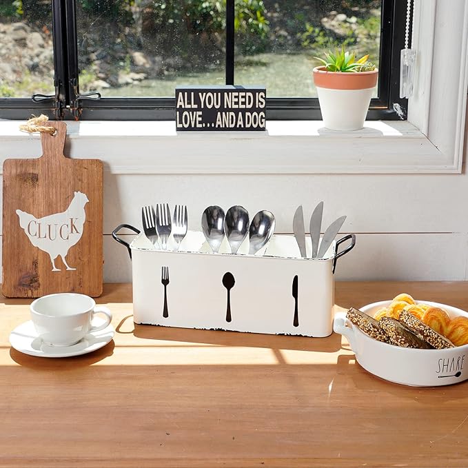 NIKKY HOME Farmhouse Utensil Holder for Countertop, Flatware Cutlery Caddy Silverware Holder Spoons Knives Forks Organizer Kitchen Decor - Distressed White