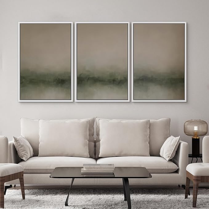 SIGNWIN Framed Wall Art Print Set Neutral Green Abstract Contemporary Misty Landscape Photography Modern Art Minimalist Closeup Dramatic for Living Room, Bedroom, Offic - 24"x36"x3 WHITE