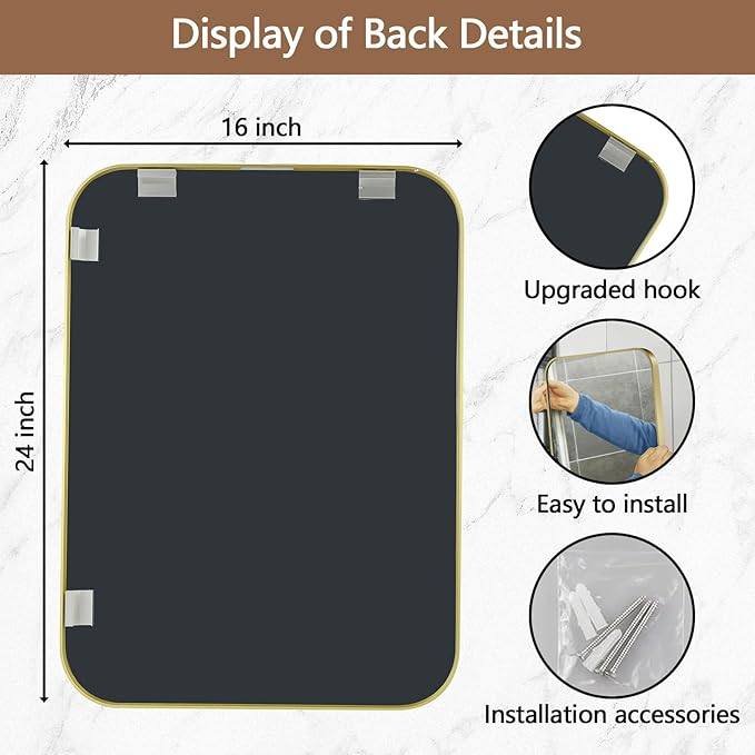 16x24 Inch Gold Mirror, Framed Rectangle Mirror with Rounded Corner, Brushed Brass Mirror, Gold Bathroom Mirror for Over Sink, Vanity, Living Room, Bedroom, Horizontal/Vertical