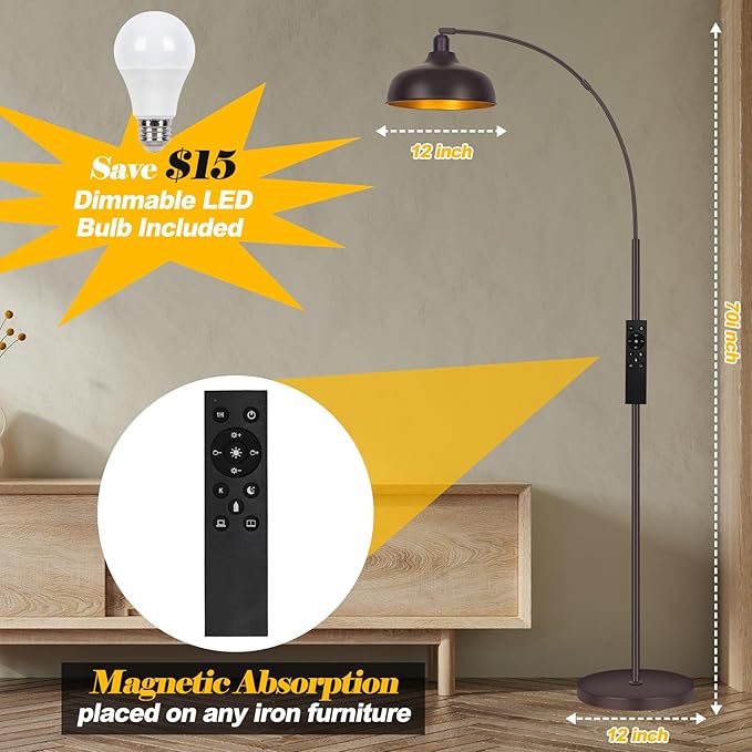 Arc Floor Lamps Bronze, Standing Lamps for Living Room with Remote Control, Foot Switch, Metal Shade, Arched Floor Lamp with Stepless Dimmable LED Bulb, Brown Floor Reading Tall Lamp for Bedroom