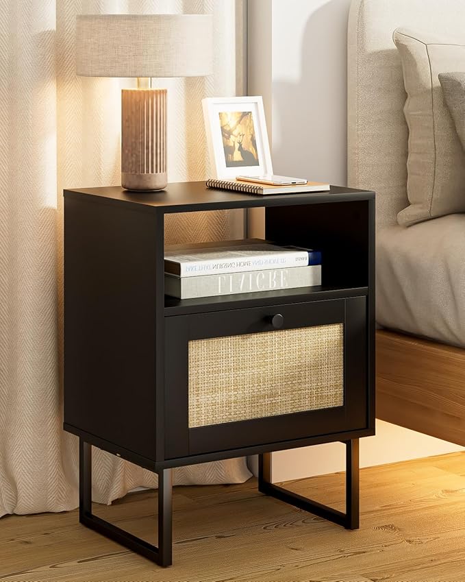 Rattan Nightstand, Mid Century Modern Night Stand,Boho Farmhouse Wood Bedside Table with Storage and Open Shelf, End Side Accent Table for Bedroom,Living Room,Black