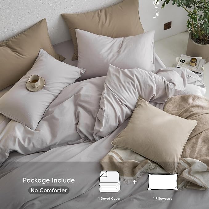 MooMee Twin Duvet Cover Set, 100% Washed Cotton Linen Like Twill Thick Sturdy Material Super Soft Breathable Durable Bedding for All Season, 2 Pieces (Light Gray, Twin 68"x90")
