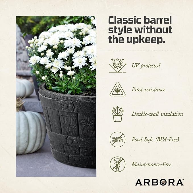 ARBORA 16" Whiskey Barrel Polyresin Indoor and Outdoor Planter with Textured Wood Finish - Durable, Weatherproof, Lightweight, Large Plant Pot for Patio, Garden, Deck, Entryway
