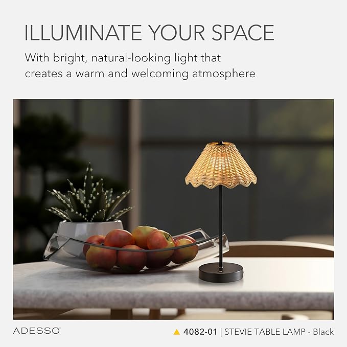 Adesso Cordless Table Lamp with 3-Level Touch Dimmer & Built-in Rechargeable Battery – 15" Tall Touch Lamp, Black Finish