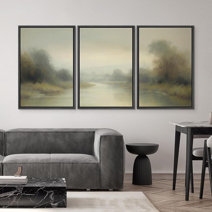 SIGNWIN Framed Wall Art Print Set Misty River Landscape Soft Neutral Nature Scene Photography Modern Art Closeup Relax/Calm Dark for Living Room, Bedroom, Office - 16"x24"x3 Black