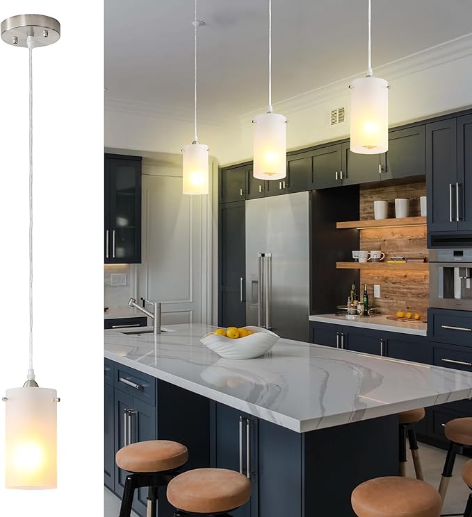 1-Light Mini Pendant Light Fixtures, Modern Chandelier Hanging Ceiling Light with White Frosted Shade, Brushed Nickel Pendant Lighting Adjustable Height, 3 Pack