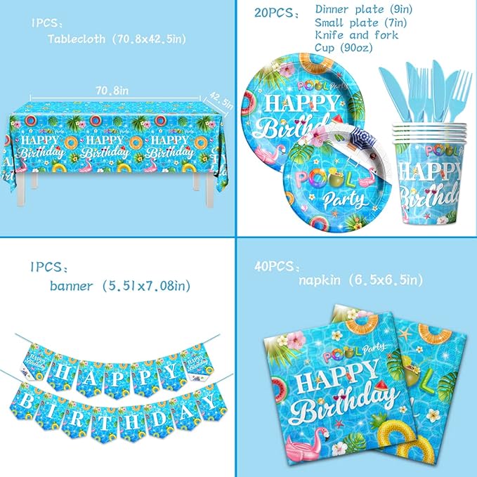 142 Pieces Pool Birthday Party Supplies - Summer Pool Tableware Set Plate,Cups,Tablecloth for Summer Pool Birthday Party, Hawaii Holiday Decorations