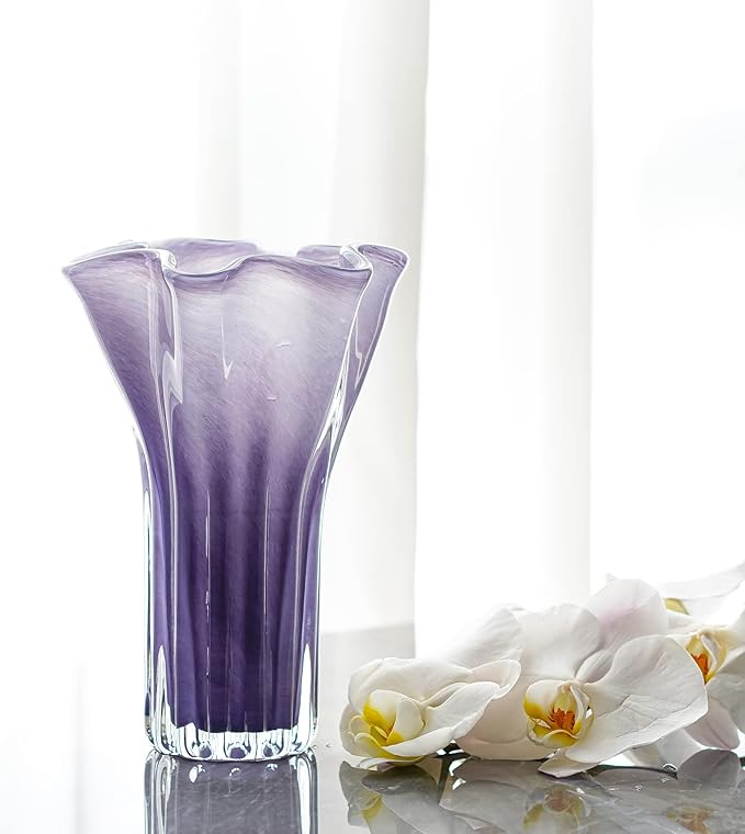 8'' Blown Glass Flower Vase for Home Wedding Modern Centerpieces Decorative (Purple)