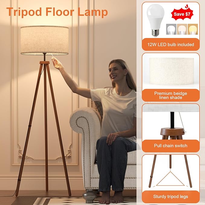 LiteHistory Wood Tripod Floor Lamps for Living Room, Bedroom, and Office,Standing lamp with Beige Linen Shade, 12W Three-Color Bulb Included, Pull Chain Switch, Tall lamp for Mothers Day Gifts, Brown