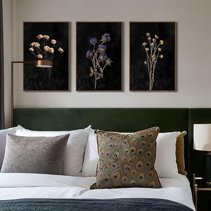 SAFERRYHOME Moody Dark Floral Wall Art Set of 3 - Vintage Black Botanical Canvas Prints Framed Dried Wildflower Artwork, Modern Dark Academia Decor for Living Room, Bedroom & Office - 16x24 Inch Framed