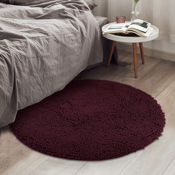 MAYSHINE Round Bath Mat Non-Slip Chenille 3 Feet Shaggy Bathroom Rugs Extra Soft and Absorbent Perfect Plush Carpet for Living Room Bedroom, Machine Wash/Dry-Burgundy