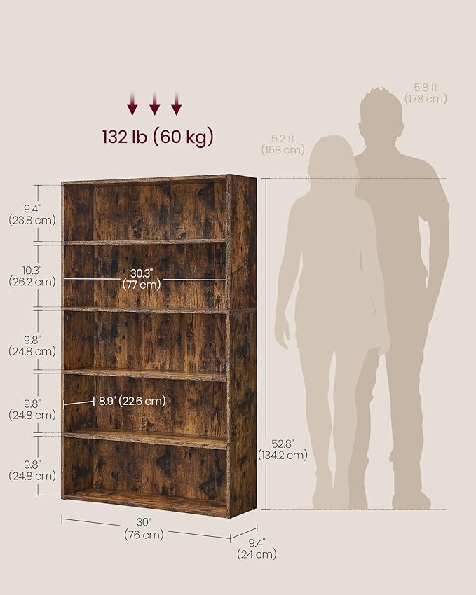 VASAGLE Custos Collection - Bookshelf, 5-Tier Bookcase, Book Shelf, Open Storage Shelf, 9.4 x 30 x 52.8 Inches, for Living Room, Home Office, Dinning Room, Rustic Brown ULBC175X01