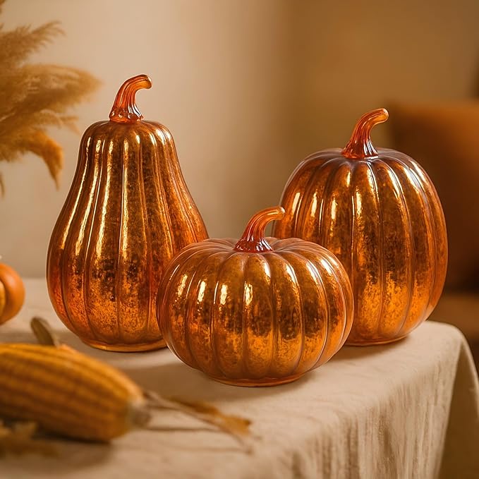 Fall Lighted Glass Pumpkins Set of 3 – Battery Operated Mercury Glass Pumpkin Decor with LED Lights, Autumn Thanksgiving Halloween Table Centerpiece Decorations for Home, Fireplace, Mantel, 8"/7"/6"