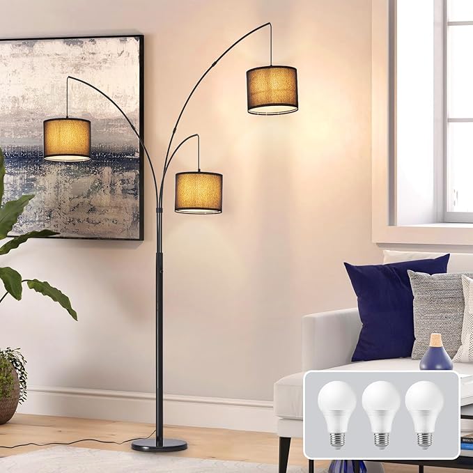 DLLT Modern Floor Lamp for Room: 3-Light Black Tree Dimmable Floor Lamps with Black Shades for Living Room - Arc Standing Lamp for Bedroom - Tall Floor Lamp for Office Corner 3 LED Bulbs Included
