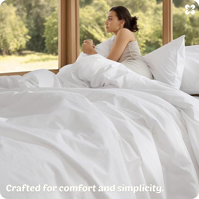 Bedsure Cotton Duvet Cover Full - Luxury Slub Weave 100% Cotton Duvet Cover Set with a Linen Like Textured, Easy Change Durable Bedding Set 3 Pieces, Bright White, 80" x 90"