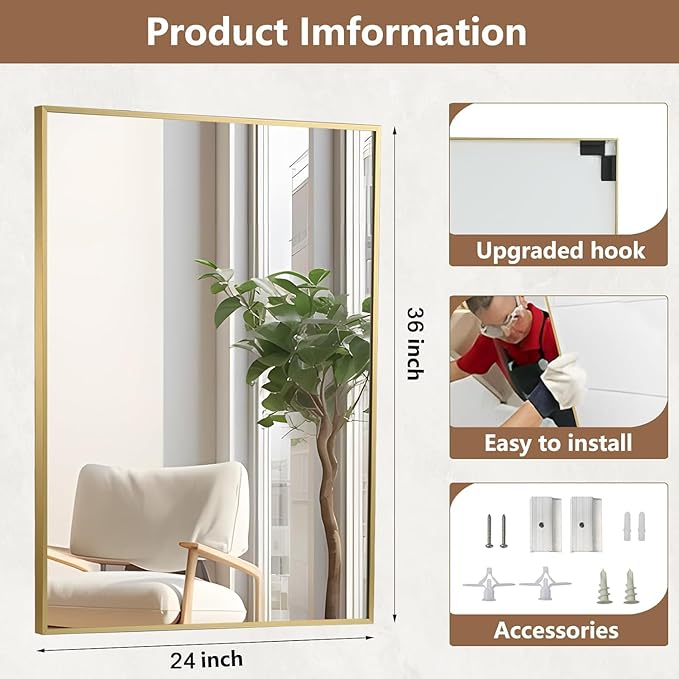 Gold Bathroom Mirror, 24"x36" Rectangle Mirror, Brushed Gold Mirror, Metal Frame Square Corner Vanity Mirror, Wall Mounted Mirror for Modern, Living Room, Bedroom, Horizontal Or Vertical