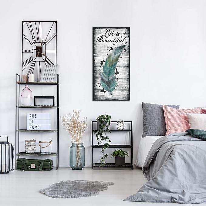 iKNOW FOTO Rustic Canvas Wall Art Decor Abstract Feather and Flying Birds with Inspirational Quote Life is Beautiful Picture Giclee Prints for Modern Living Room Bedroom Decoration 20x40