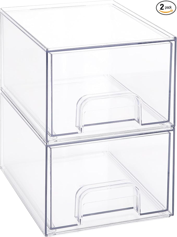 Sea Team 2-Pack Clear Makeup Organizer with Drawers, Acrylic Plastic Cosmetic Display Case, Jewelry Storage Box, Holder for Dresser, Bathroom, Vanity, Kitchen Cabinets, Pantry, Countertop