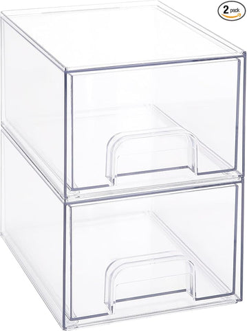 Sea Team 2-Pack Clear Makeup Organizer with Drawers, Acrylic Plastic Cosmetic Display Case, Jewelry Storage Box, Holder for Dresser, Bathroom, Vanity, Kitchen Cabinets, Pantry, Countertop