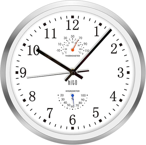 HITO 12 Inch Silent Wall Clock Battery Operated Non Ticking Glass Cover Silver Aluminum Frame, for Living Room Decor, Kitchen, Bedroom, Home Office (12" White)