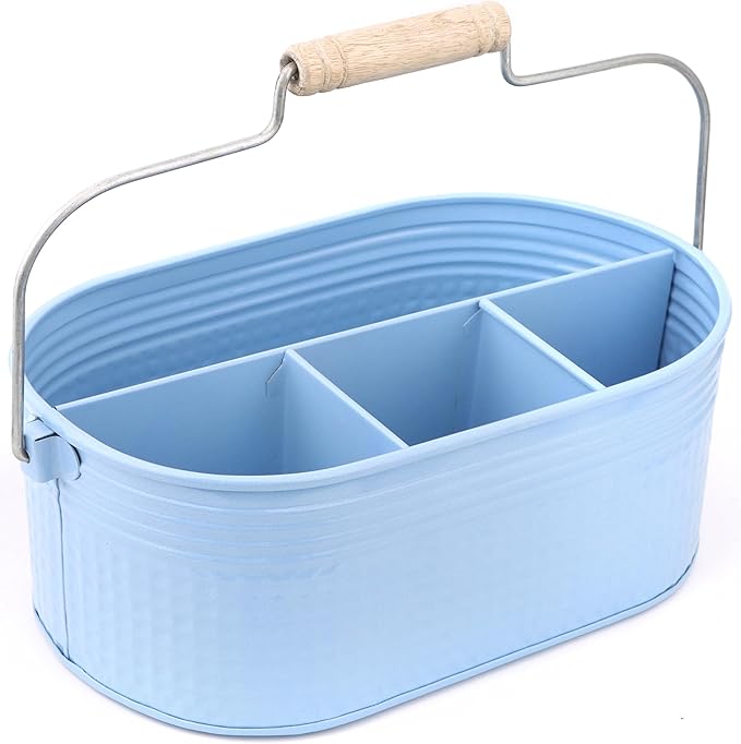 Alpha Living Home Galvanized Utensil Holder with Handle - 4 Compartment Silverware Caddy,Flatware Organizer for Kitchen, Countertop, Dining Table, BBQ, Picnic, Party, Farmhouse, Décor (Blue)
