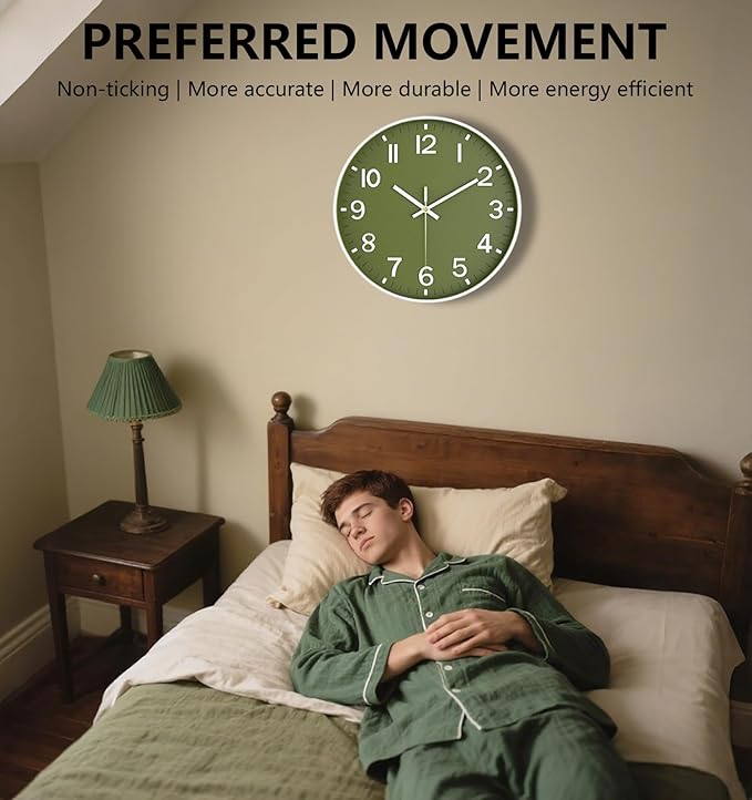 Wall Clocks Battery Operated, 12 Inch Non Ticking Wall Clock, Silent Analog Clock for Bedroom Living Room Kitchen Office Gym Classroom Decor, Large Number Clocks for Seniors, Olive Green
