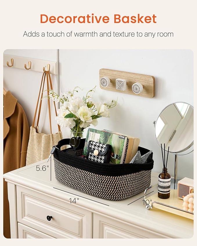 KALLAX Small Woven Basket, 14 x 10 x 5.6 Inches, Small Storage Baskets for Organizing, Gift Baskets Empty, Cute Rope Shelf Closet Storage Bins for Shelves, Dog Toy Basket, Black & Brown