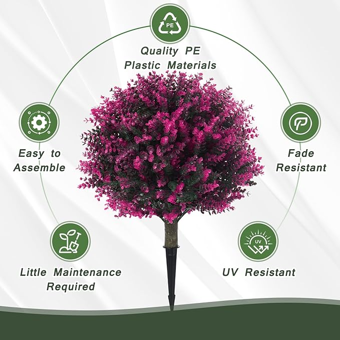 Set of 2 Artificial Boxwood Topiary Ball Bush for Outdoor with Ground Spike 21.6", UV Resistant Faux Greenery Shrubs, Fake Rose&Green Boxwood Plants for Garden, Yard, Porch, Patio Decor